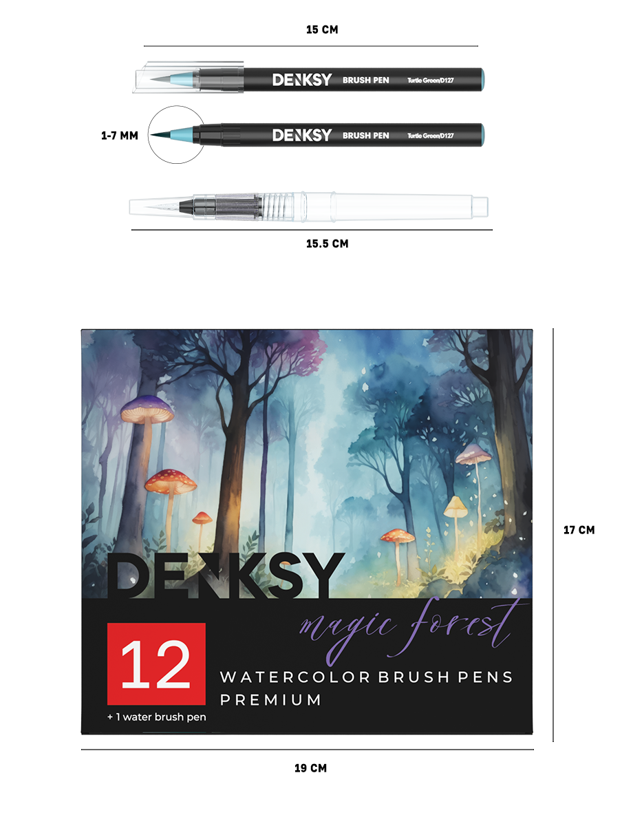Акварельные маркеры DENKSY 12 Magic Forest цветов в черном корпусе и 1 кисть с резервуаром - фото 9