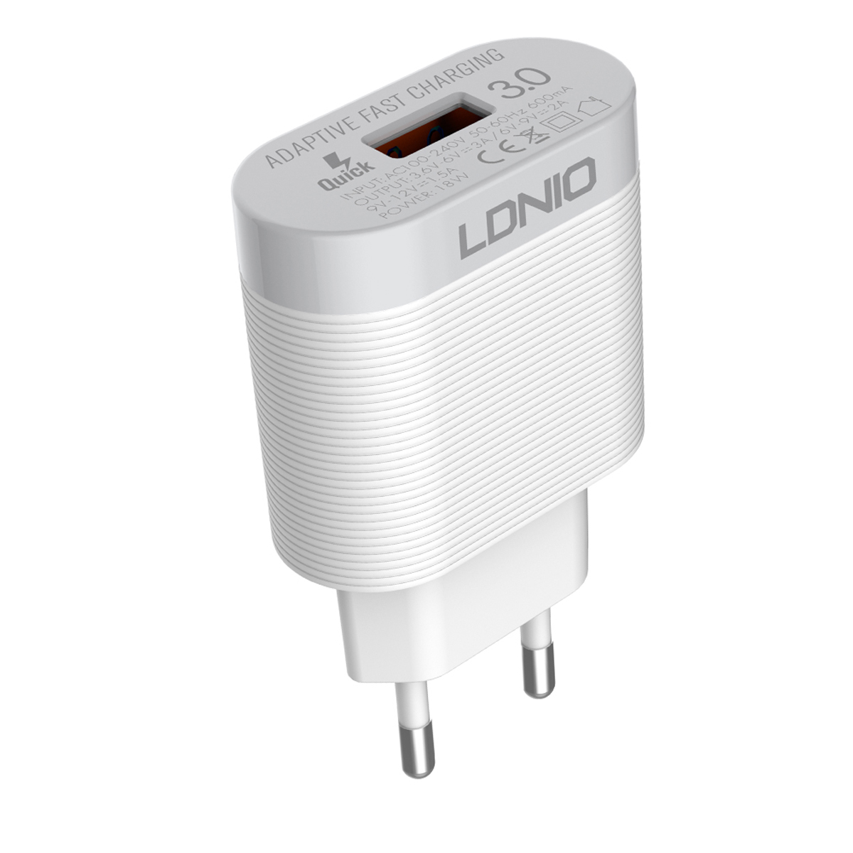 Сетевое зарядное устройство LDNIO A303Q + кабель Lightning QC 3.0 1× USB Auto-ID 5-12V 18W / белый - фото 3
