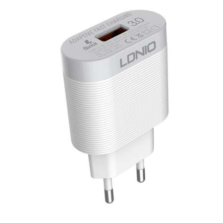 Сетевое зарядное устройство LDNIO A303Q + кабель Lightning QC 3.0 1× USB Auto-ID 5-12V 18W / белый