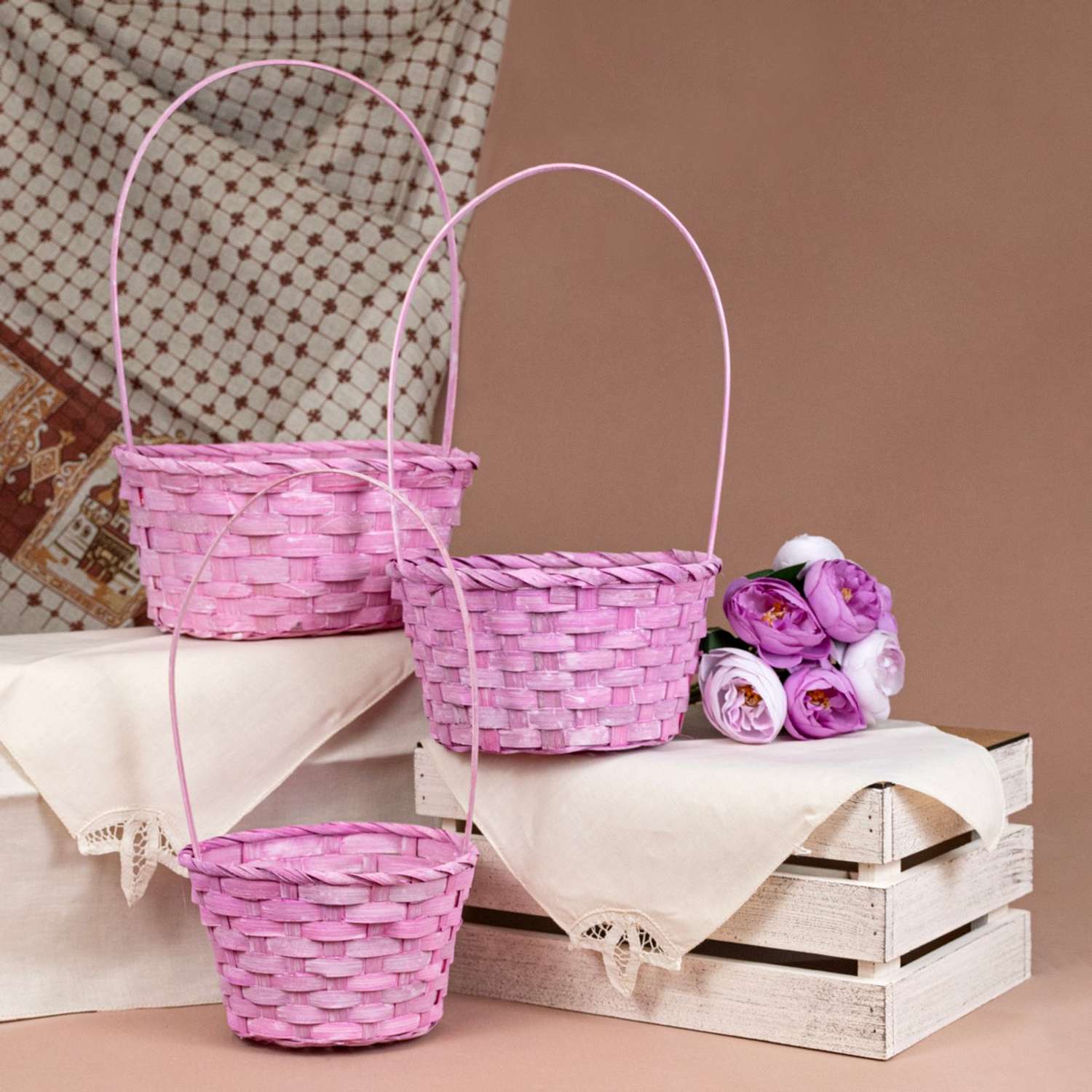Набор корзин Азалия Декор плетеных из бамбука 3шт D21х10хH36см цвет розовый - фото 1