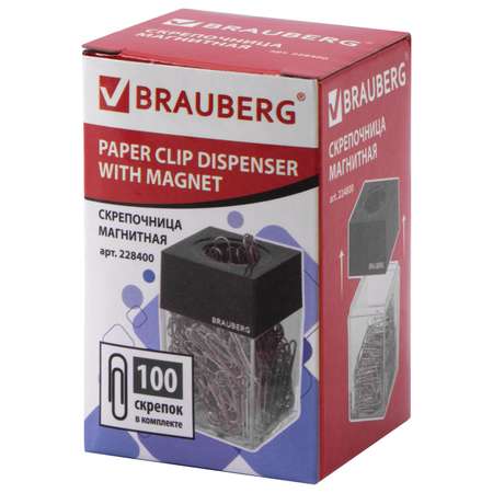 Диспенсер для скрепок Brauberg скрепочница магнитная со 100 никелированными скрепками прозрачная