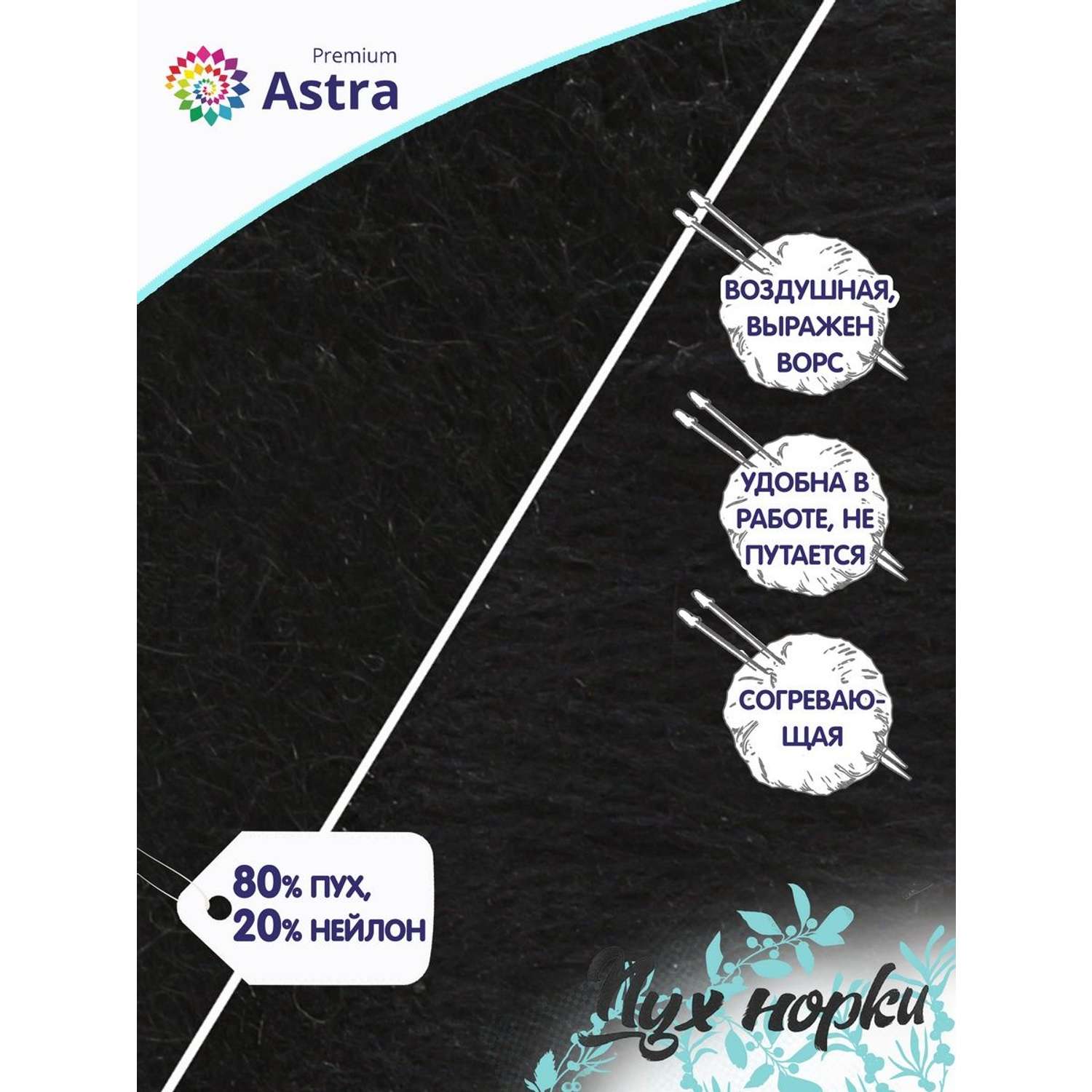 Пряжа Astra Premium Пух норки Mink yarn воздушная с ворсом 50 г 290 м 011 черный 1 моток - фото 2