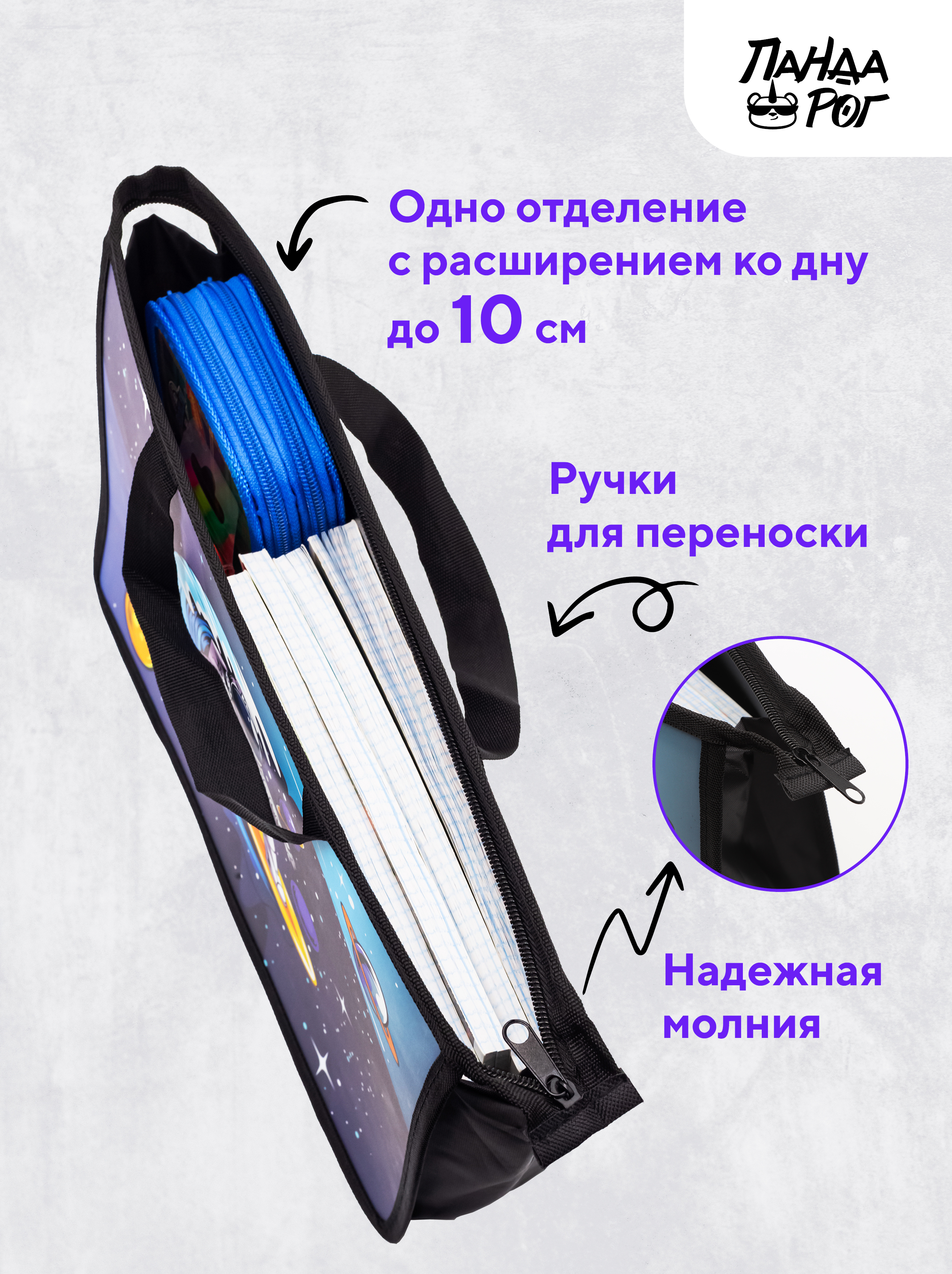 Папка для труда с ручками ПАНДАРОГ Космический серфер A4 335x23x10 см пластик на молнии - фото 5