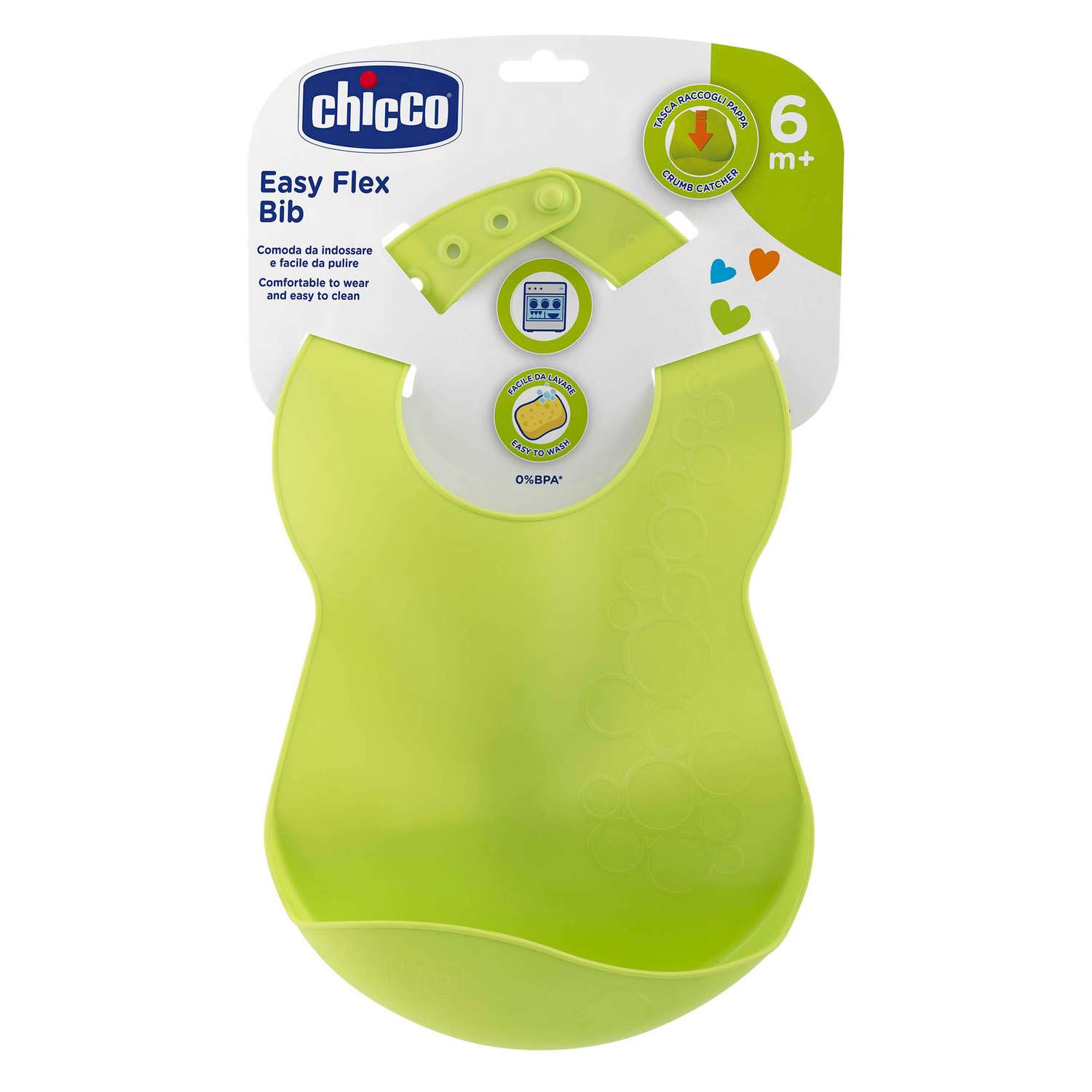 Нагрудник детский CHICCO для кормления flexy пластиковый с кармашком и застежкой зеленый - фото 1
