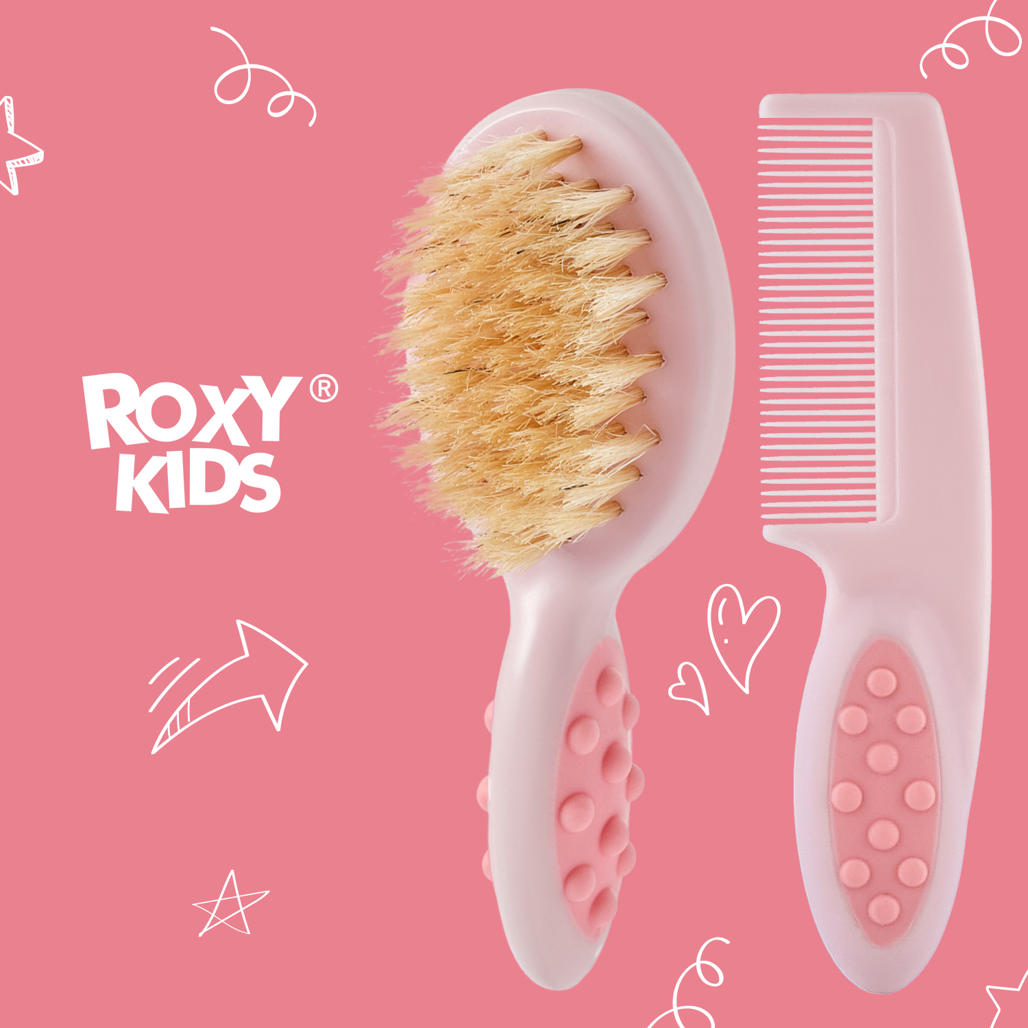 Набор для волос ROXY-KIDS гребешок и расческа из натуральной щетины цвет розовый - фото 1