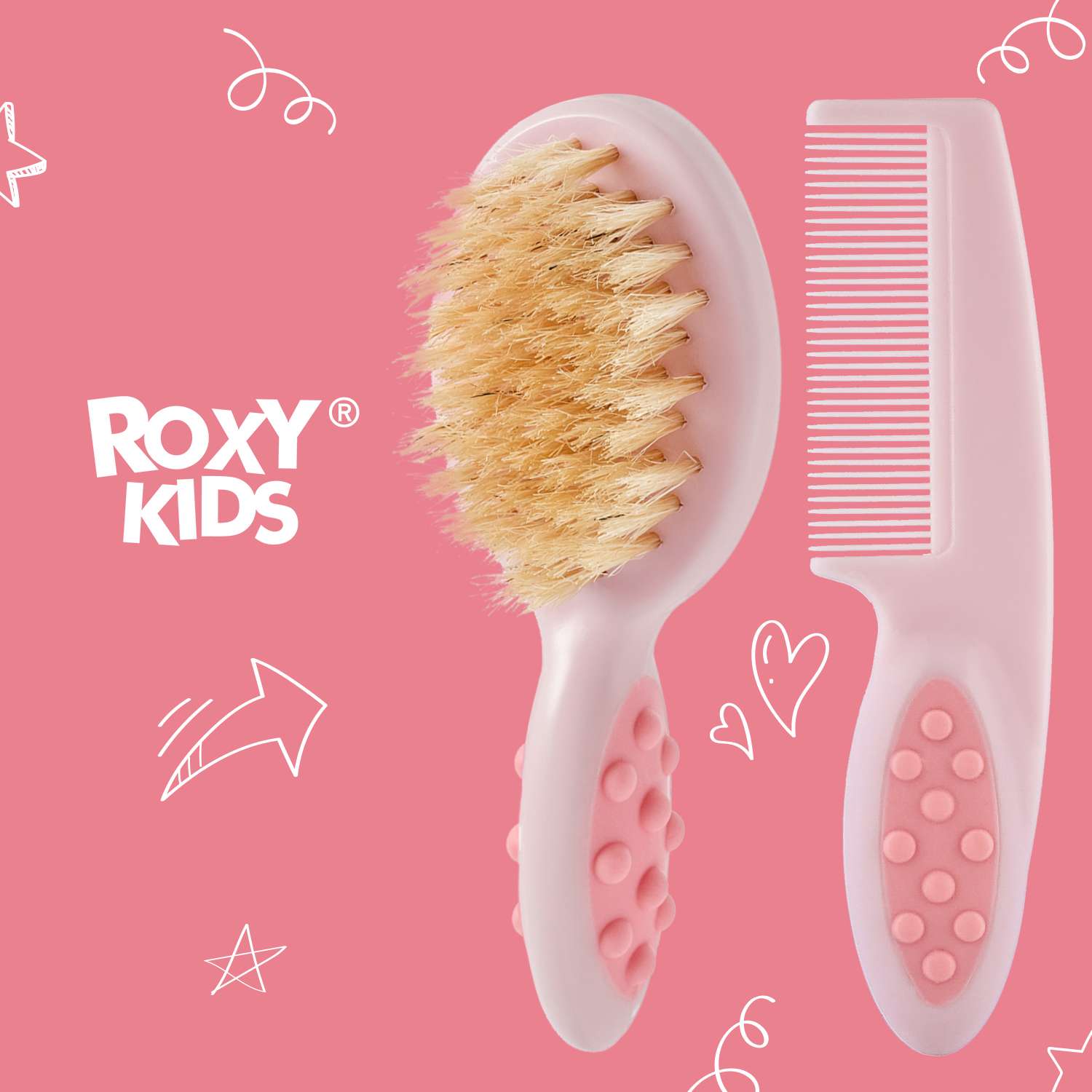 Набор для волос ROXY-KIDS гребешок и расческа из натуральной щетины цвет  розовый купить по цене 336 ₽ в интернет-магазине Детский мир