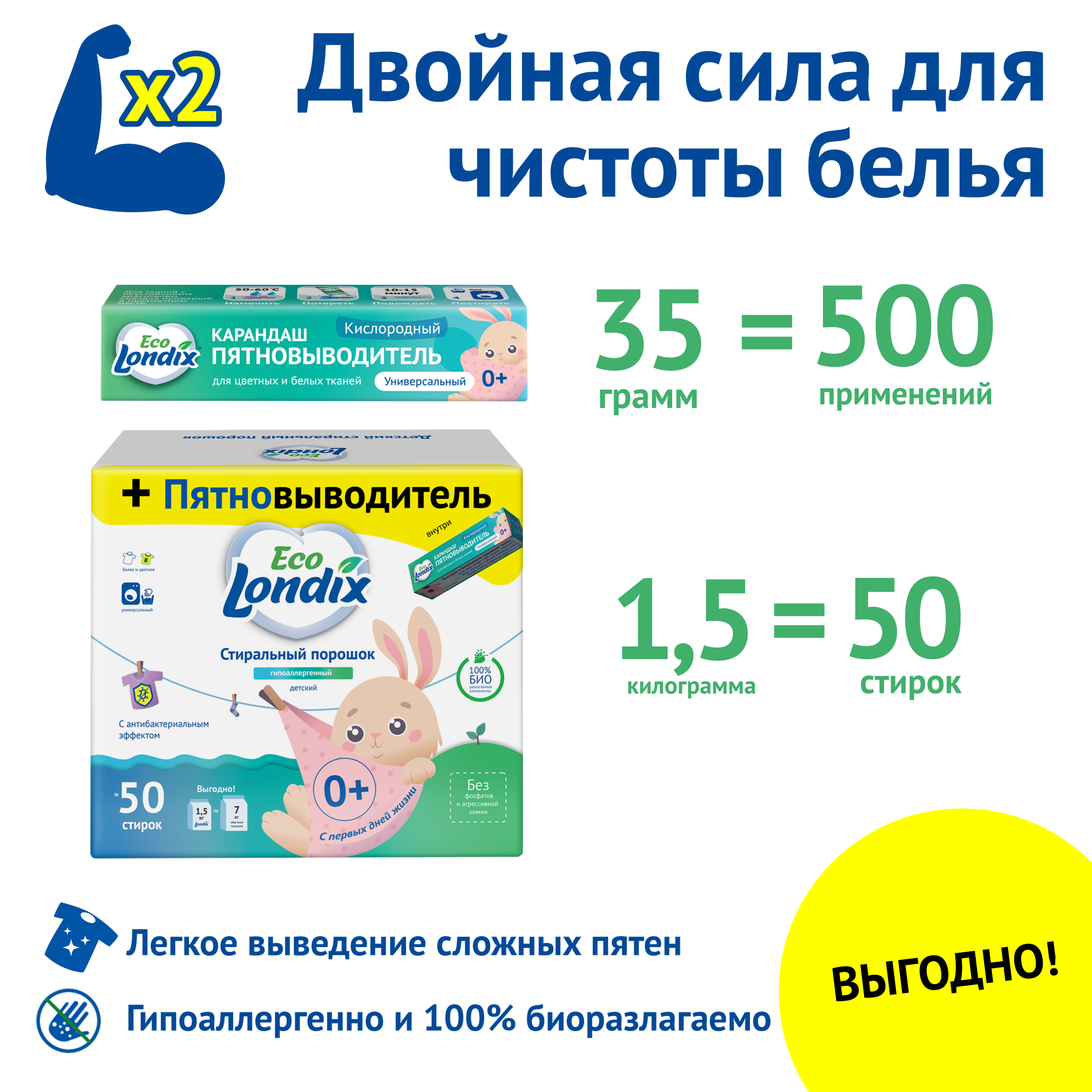 Детский стиральный порошок Londix гипоаллергенный 1.5 кг + карандаш пятновыводитель - фото 2