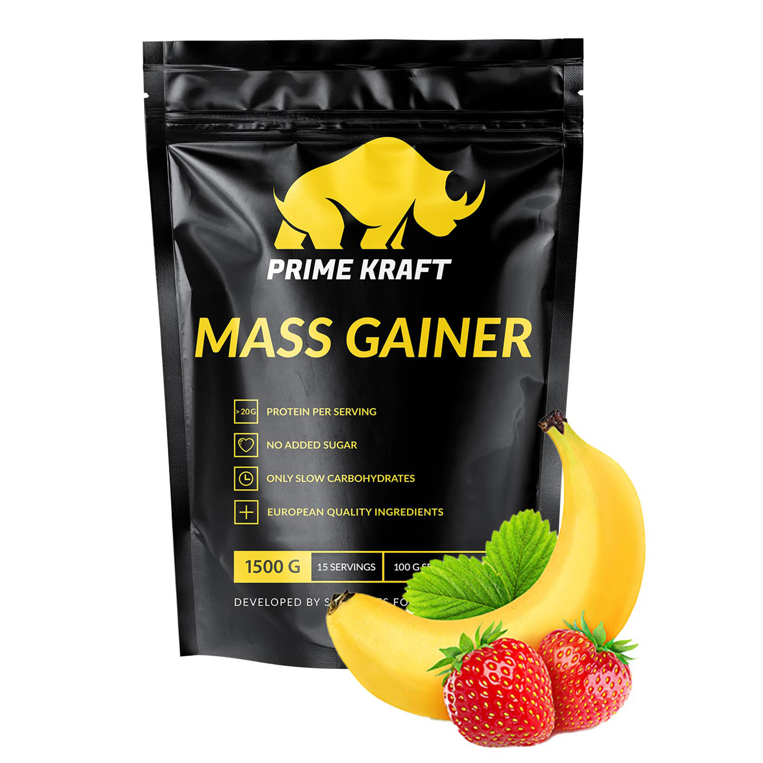 Гейнер Prime Kraft Mass Gainer клубника-банан 1500г - фото 2