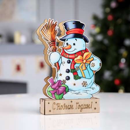 Светодиодная фигура Sima-Land «Снеговик с подарками» 13×20×2.5 см дерево батарейки LR1130х3 свечение тёплое белое