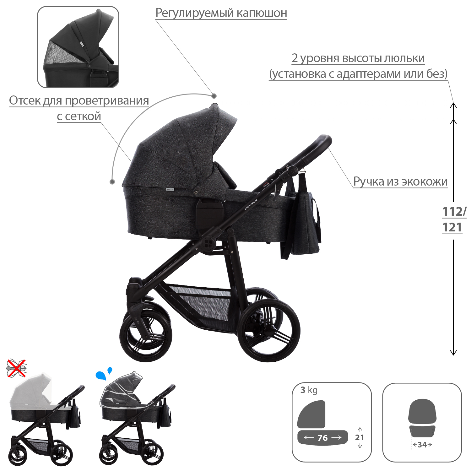 Коляска 2в1 Bebetto Explorer Air Lux шасси Черное 06 - фото 2