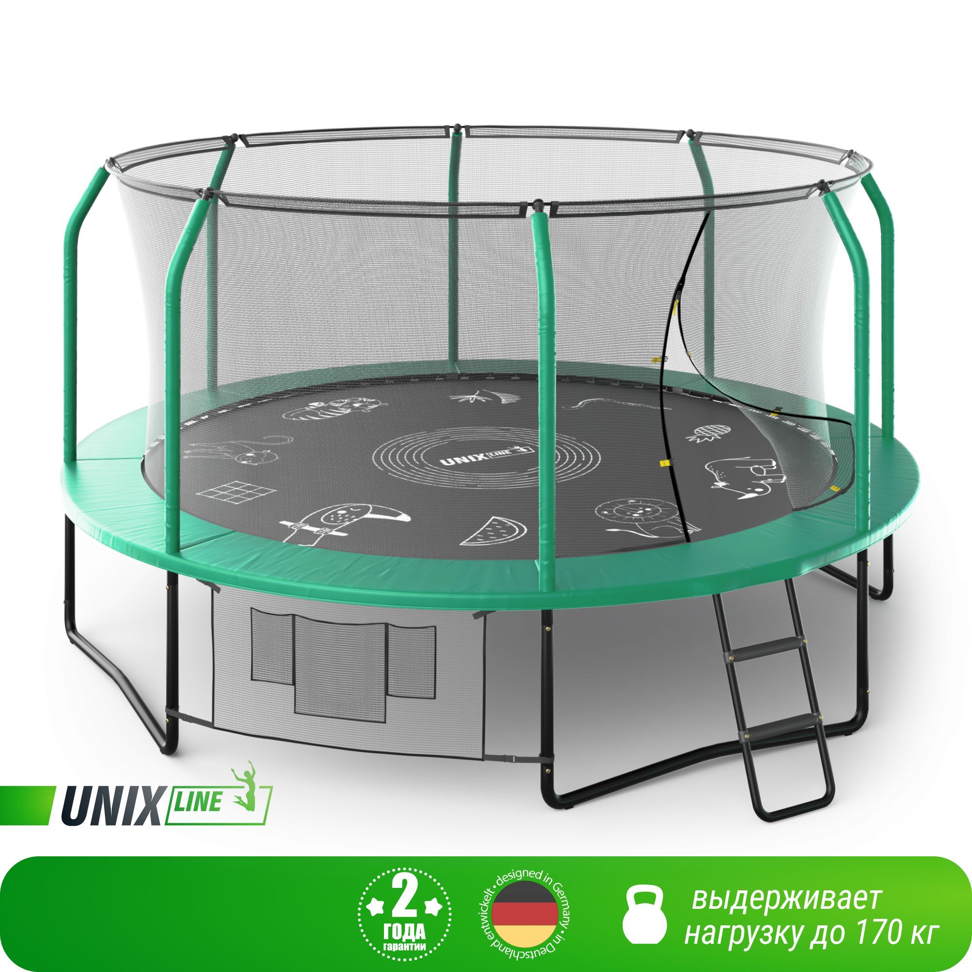 Батут каркасный Supreme Game UNIX line 14 ft Green общий диаметр 427 см до  170 кг диаметр прыжковой зоны 370 см лестницей мелками купить по цене 50289  ₽ в интернет-магазине Детский мир