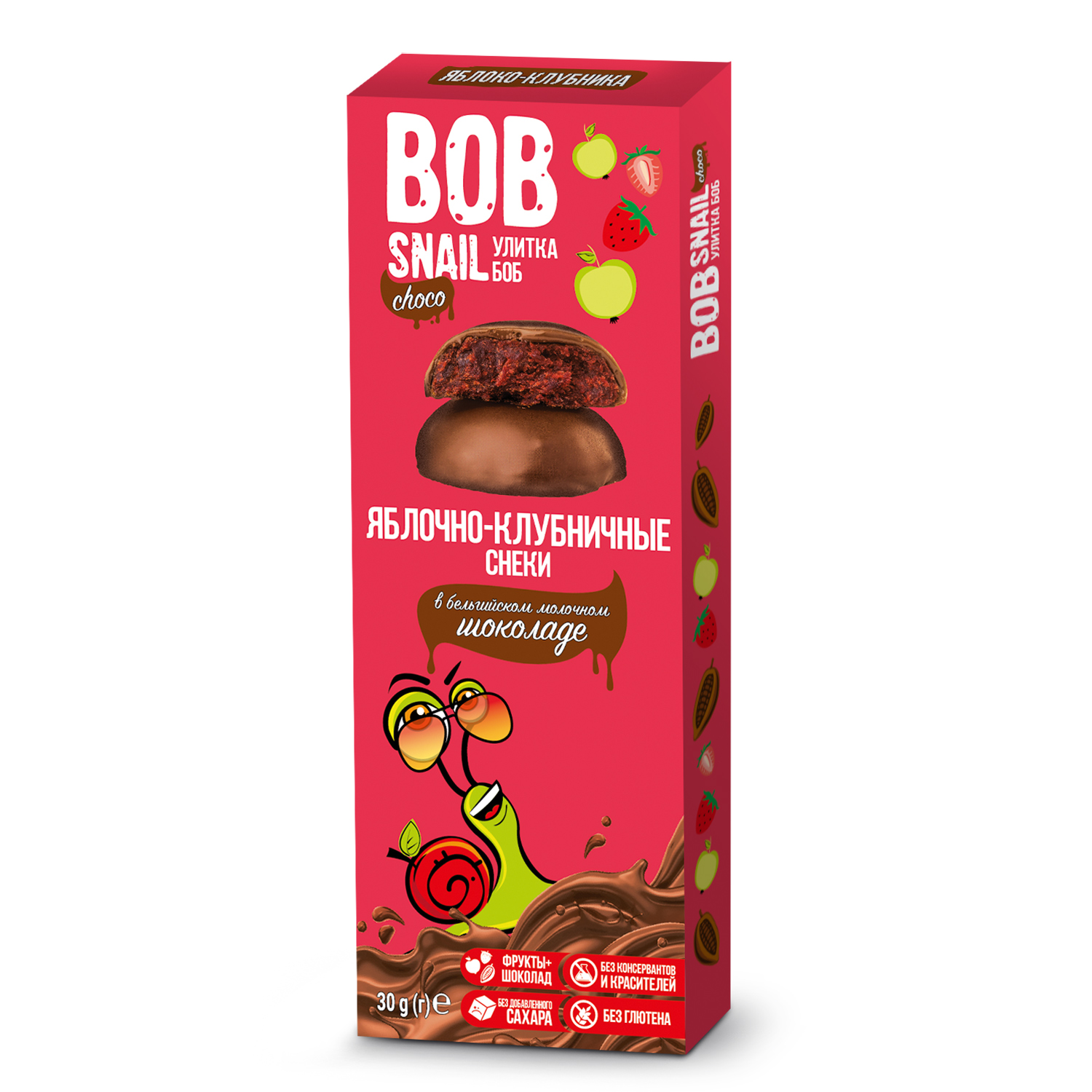 Снек Bob Snail Фруктово-ягодный яблочно-клубничный в молочном бельгийском шоколаде без добавленного сахара 30г - фото 1