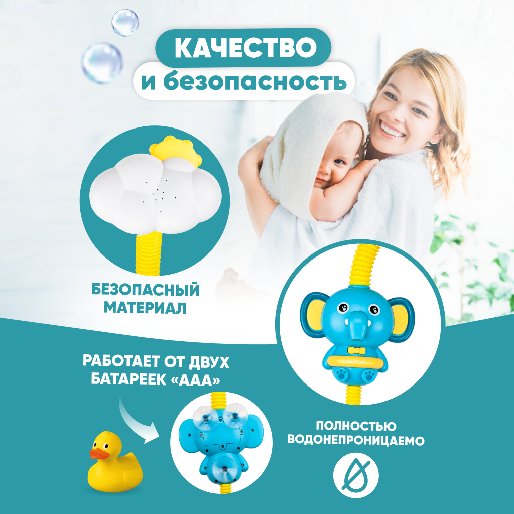 Игрушка для купания Solmax Слоник водный душ-лейка 68 см голубой/желтый - фото 3