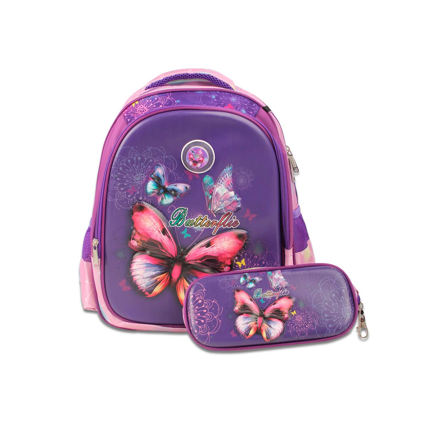 Рюкзак школьный с пеналом Little Mania Бабочки фиолетовый - фото 1