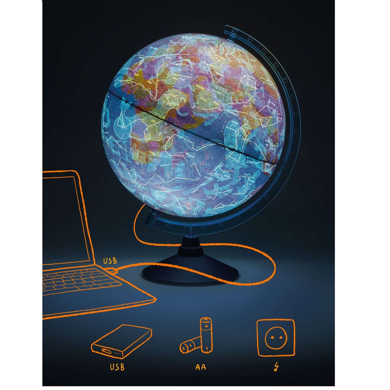 Интерактивный глобус Globen День и Ночь две карты политика и Звездное Небо 25 см подсветка от USB VR очки - фото 3