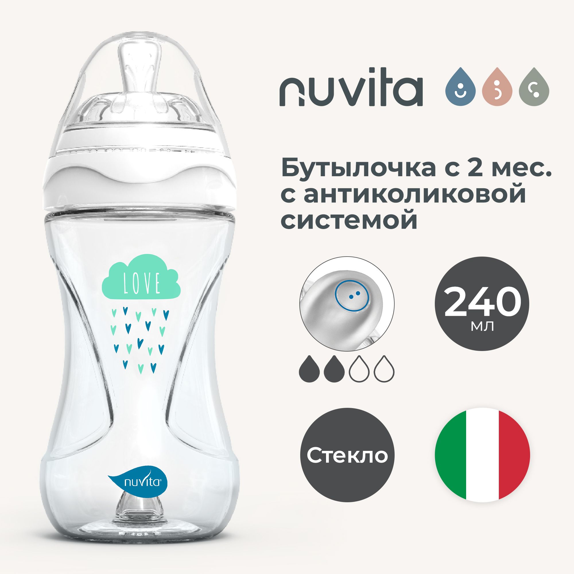 Бутылочка антиколиковая Nuvita Glass Collection стеклянная со средним потоком 240 мл бело-зеленая - фото 1