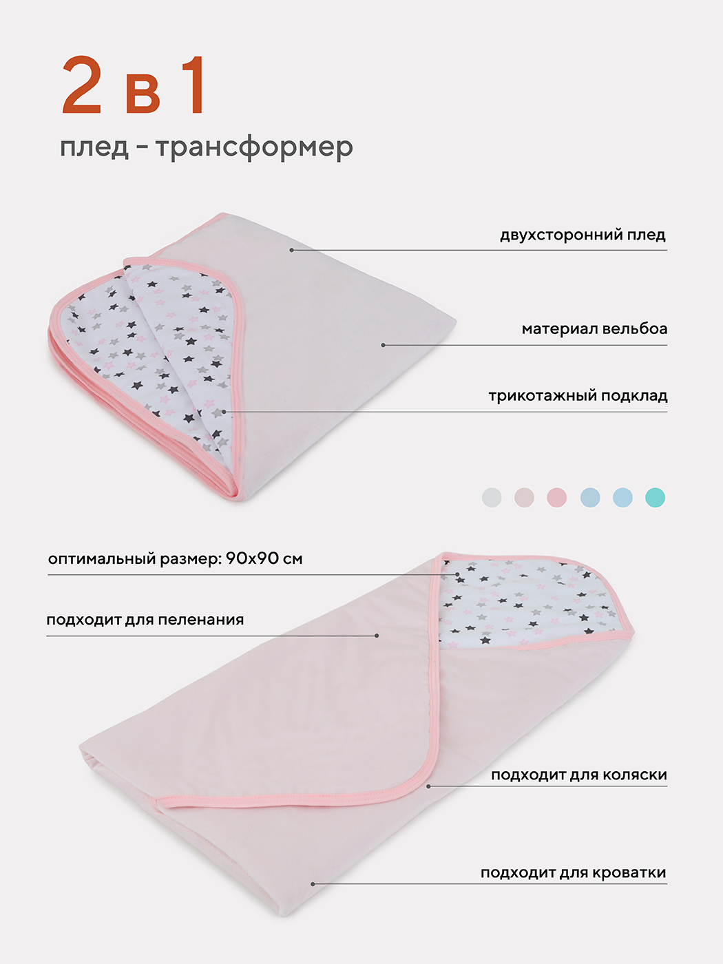 Плед TOPOTUSHKI 90х90 интерлок вельбоа звезда/розовый - фото 1