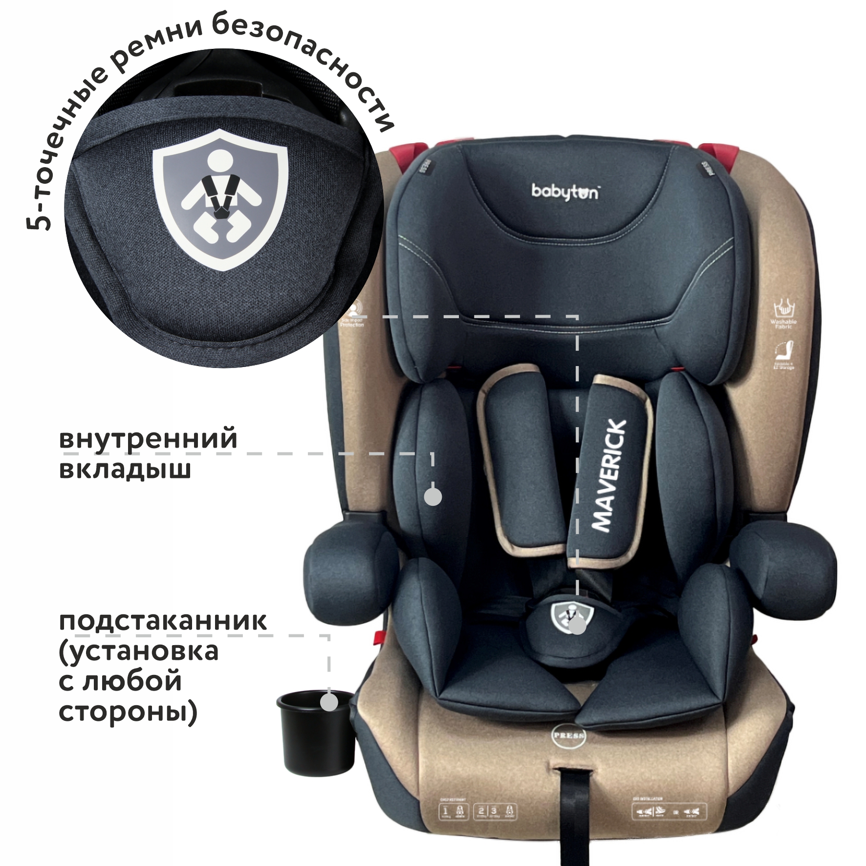 Автокресло Babyton Maverick Beige Isofix 1/2/3 (9-36 кг) - фото 4