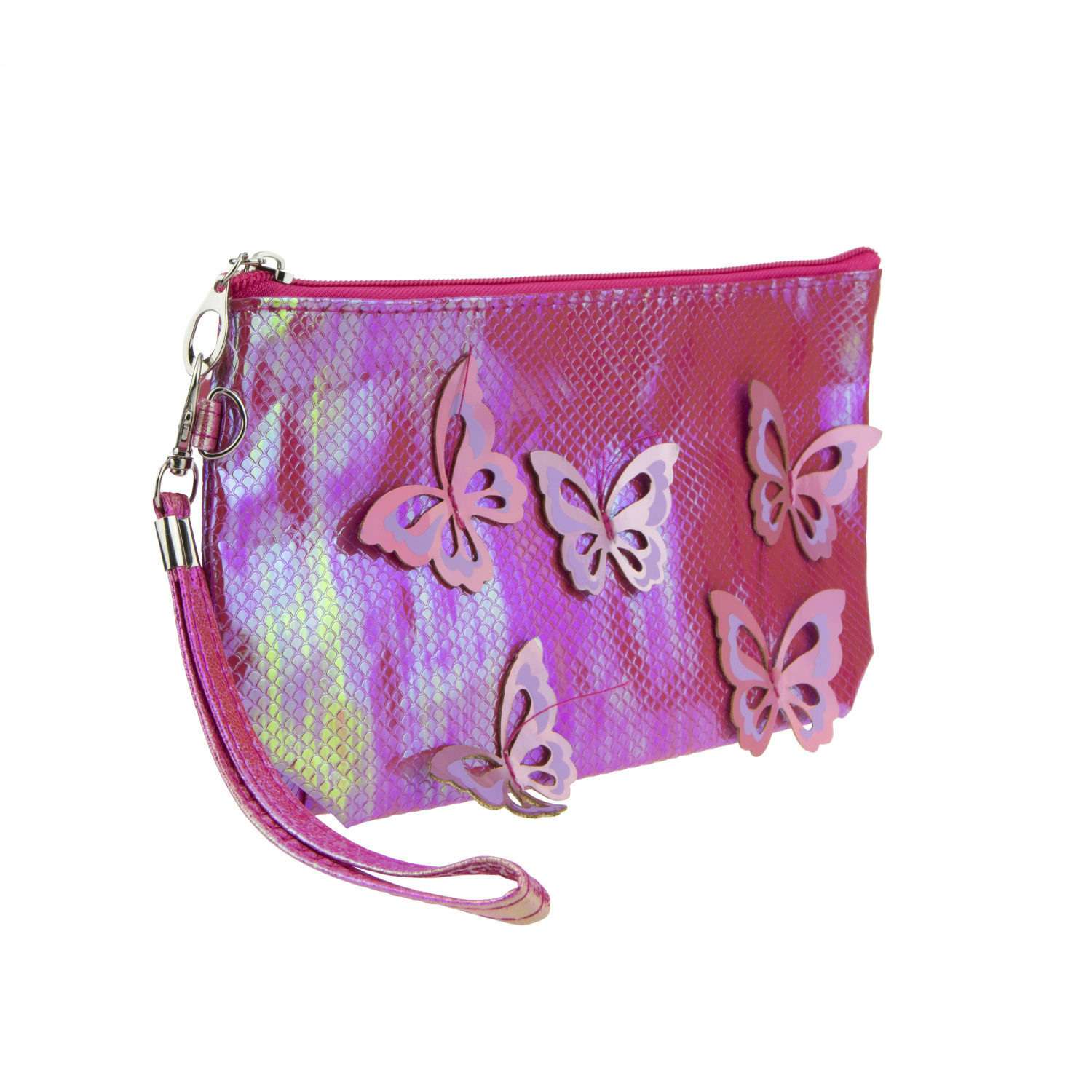 Пенал- косметичка Lukky с голографическими накладными бабочками розовая 24х13 см - фото 1