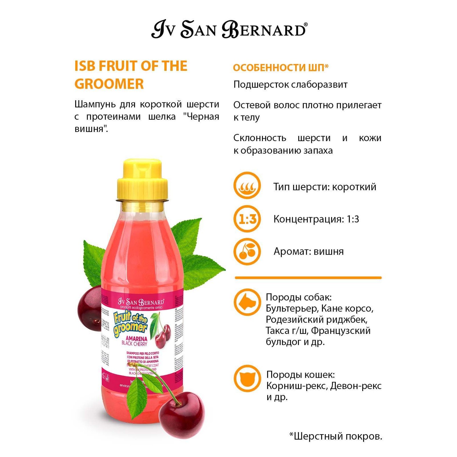 Шампунь для кошек и собак Iv San Bernard Fruit of the Groomer Black Cherry для короткой шерсти с протеинами шелка 500мл - фото 4