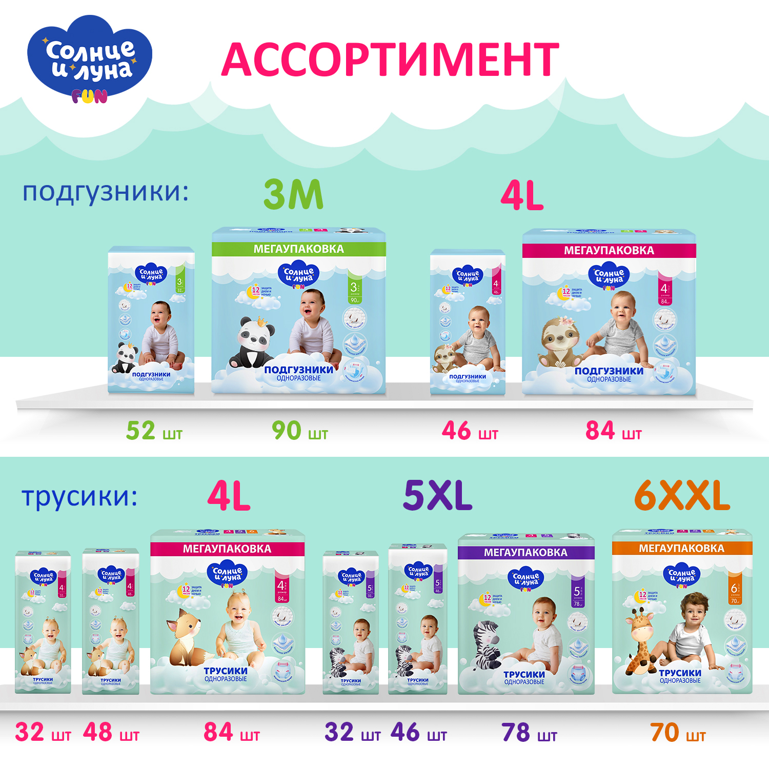 Трусики Солнце и луна одноразовые для детей 5/XL 13-20 кг mega-pack 78шт - фото 7