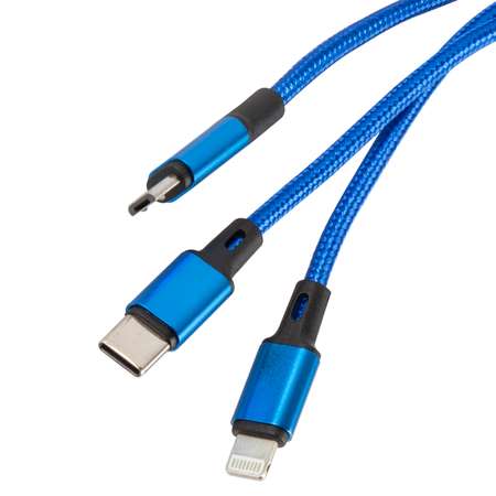 Дата-кабель mObility USB -Type-C/8 - pin/micro USB (3 в 1) нейлоновая оплетка синий