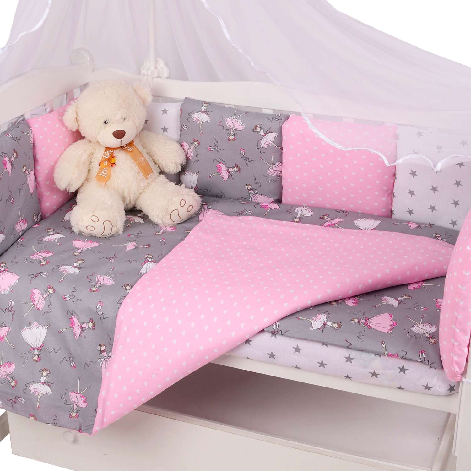 Борт в кроватку Amarobaby Балет 12подушек Серый-Розовый ABDM-3112-BS - фото 8