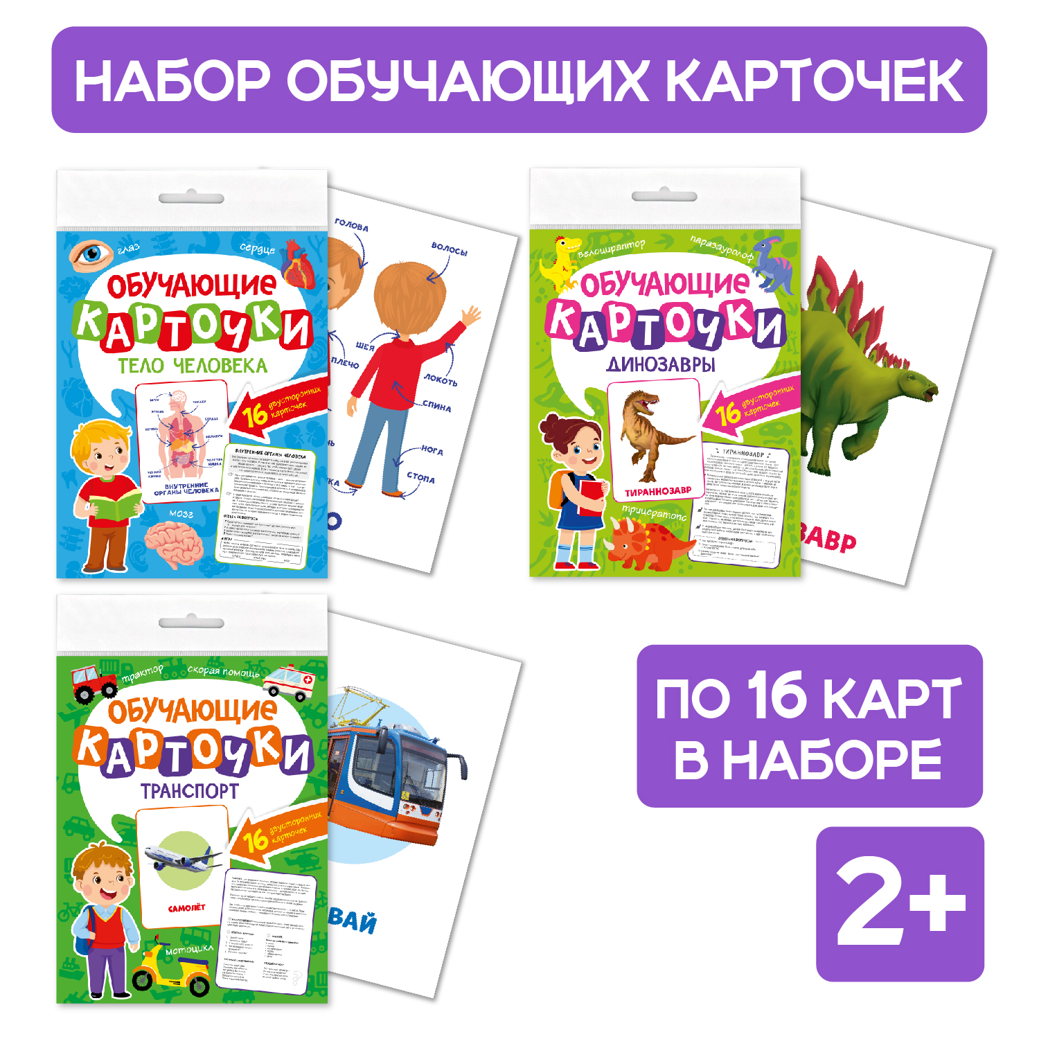 Карточки Проф-Пресс обучающие 3 набора по 16 шт 17х22 см динозавры+тело человека+транспорт - фото 1