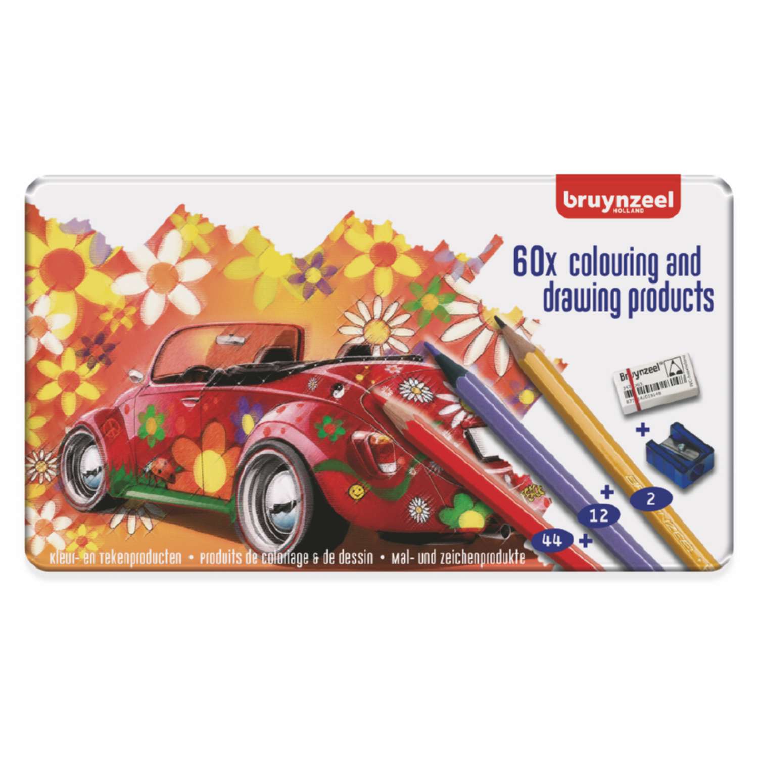 Набор цветных карандашей BRUYNZEEL Машина 58 цветов ластик и точилка в металлическом коробе-пенале - фото 1