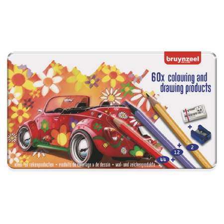 Набор цветных карандашей BRUYNZEEL Машина 58 цветов ластик и точилка в металлическом коробе-пенале