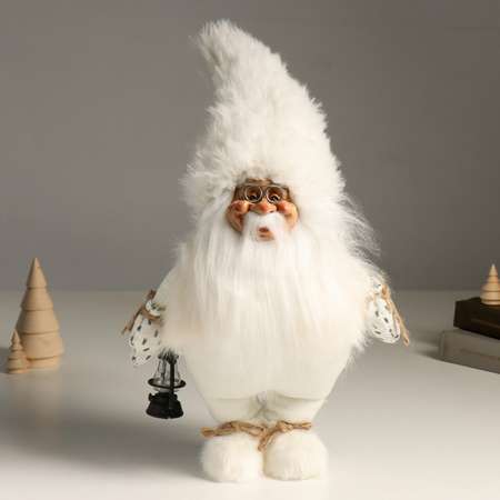 Кукла интерьерная Зимнее волшебство «Дед Мороз в белой мохнатой шубке и колпаке с фонариком» 43 см