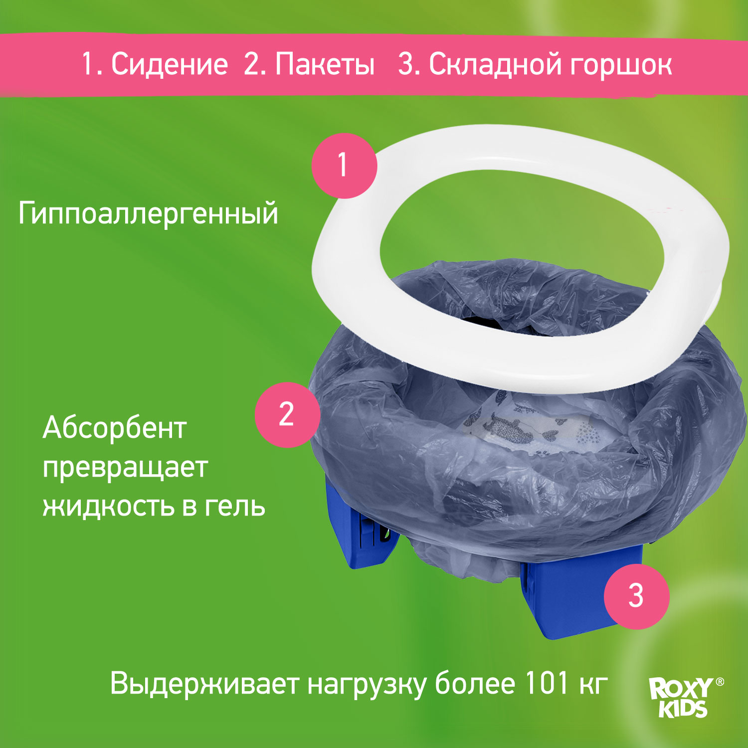 Горшок дорожный ROXY-KIDS складной с многоразовой вкладкой Handy Potty 3 в 1 цвет синий/графит - фото 7