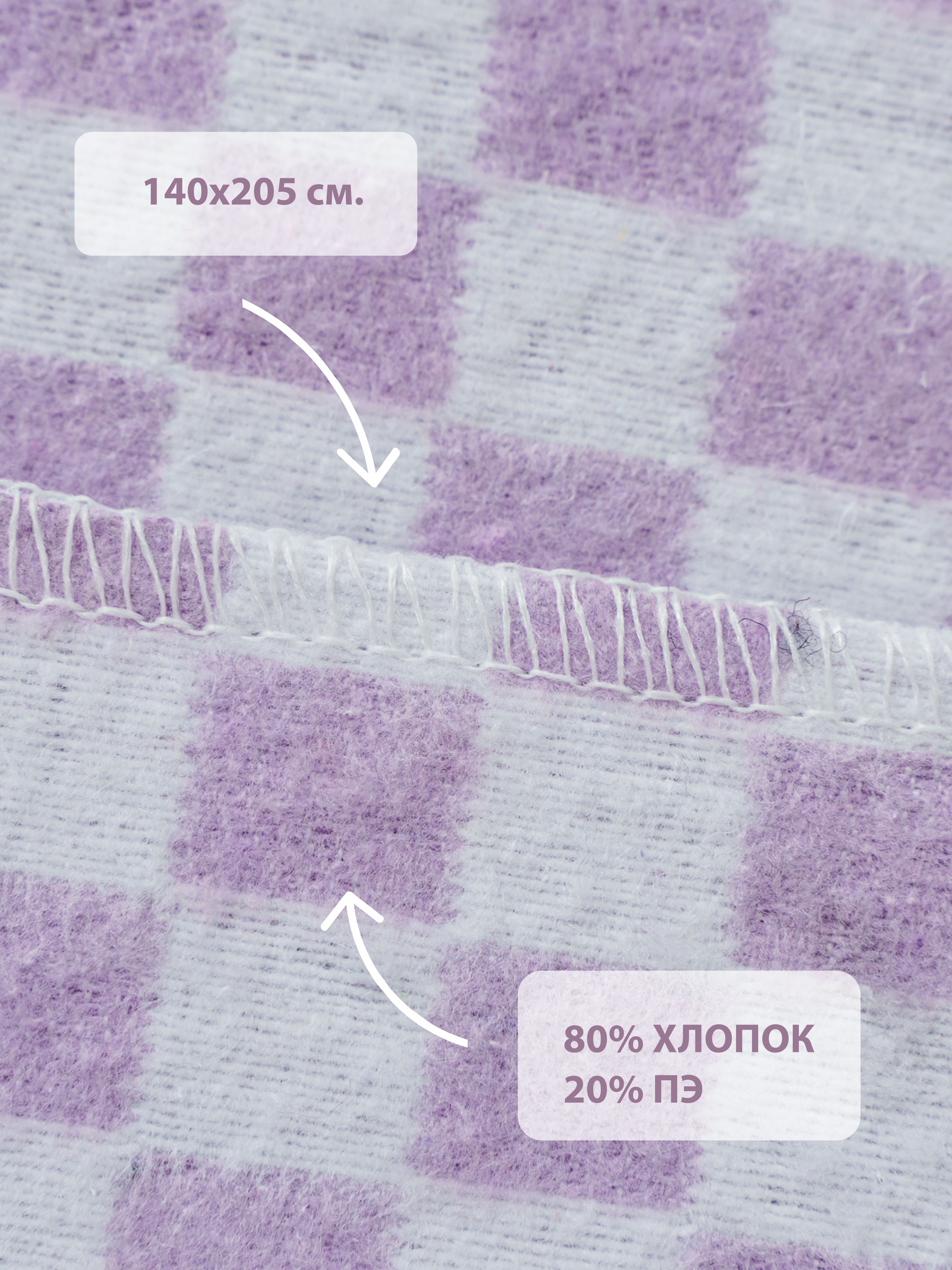 Одеяло байковое Суконная фабрика г. Шуя 140х205 рисунок клетка сиреневый - фото 3