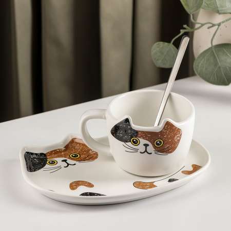 Чайная пара Sima-Land с ложкой Котик чашка 200 мл блюдце 18x11 см