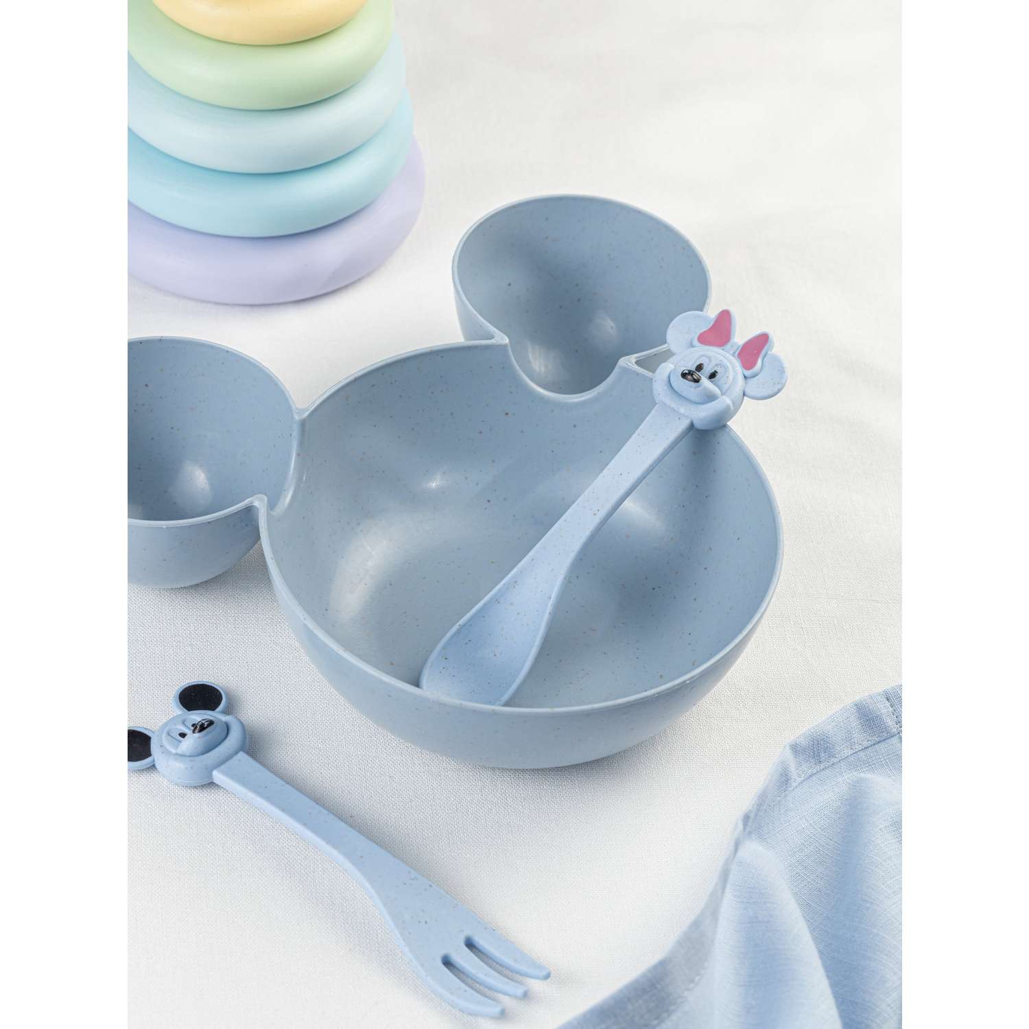 Набор детской посуды Добрый Филин Детская тарелка вилка ложка Мышонок синий 3 предмета - фото 3