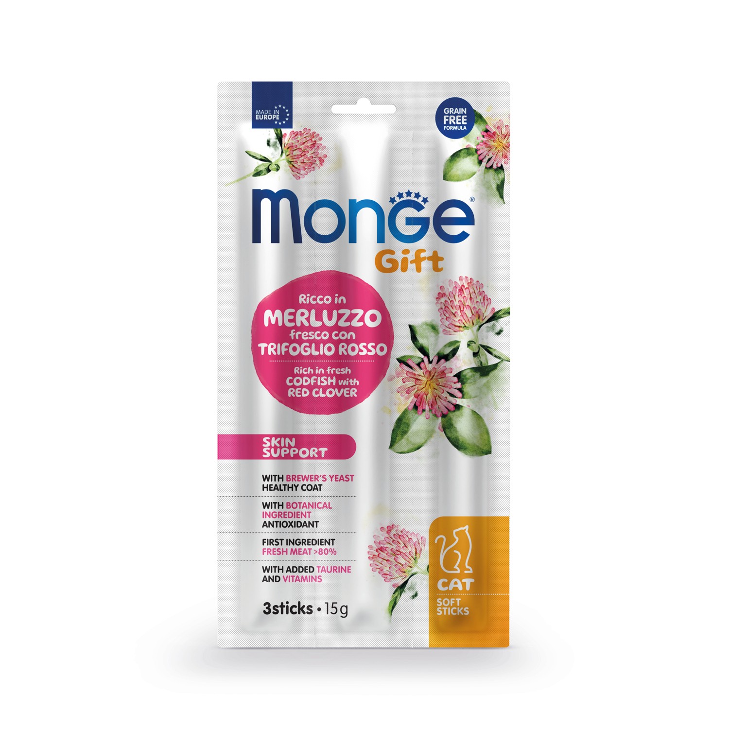 Лакомство для кошек Monge 15г Gift Skin support Мягкие палочки со свежей треской и красным клевером для здоровой кожи - фото 1