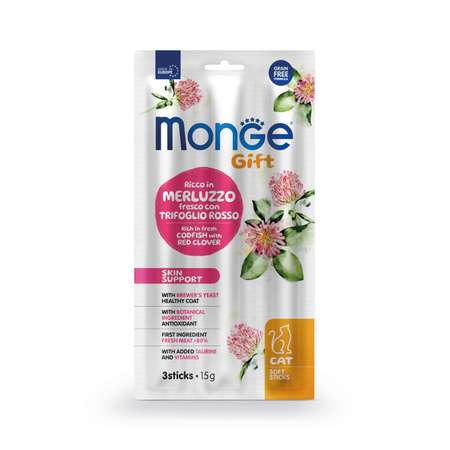 Лакомство для кошек Monge 15г Gift Skin support Мягкие палочки со свежей треской и красным клевером для здоровой кожи