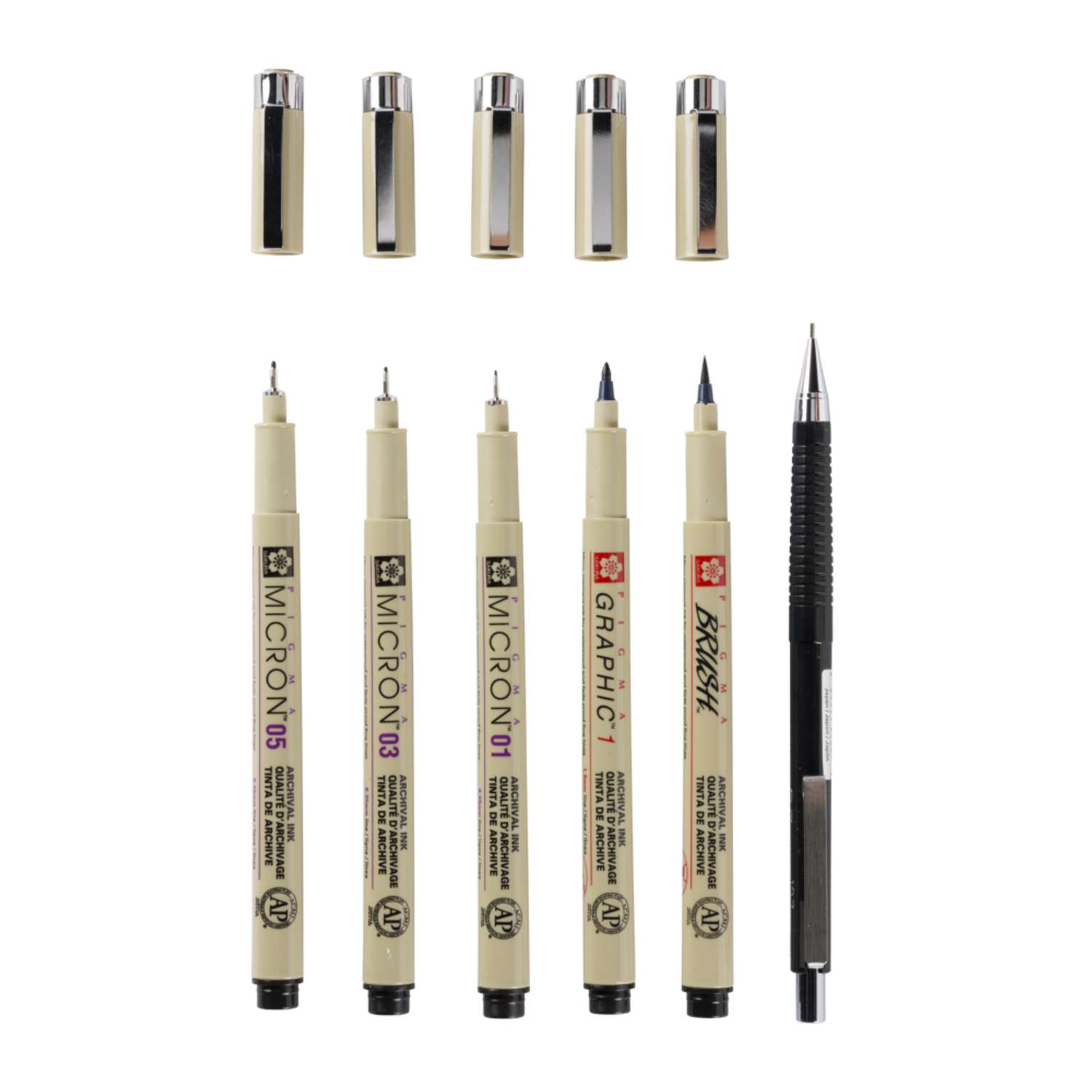 Набор черных капиллярных ручек Sakura Pigma Micron Manga 6 штук brush механический карандаш 0.7мм. - фото 4