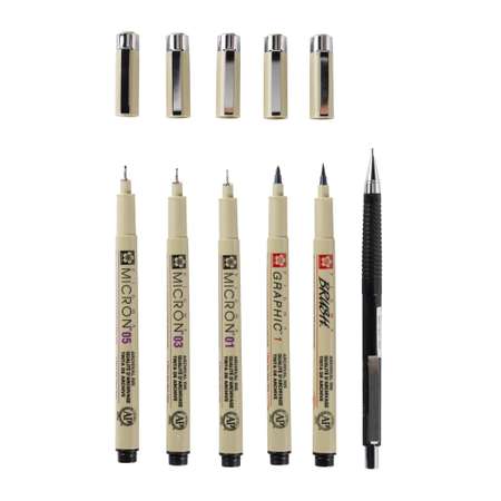 Набор черных капиллярных ручек Sakura Pigma Micron Manga 6 штук brush механический карандаш 0.7мм.