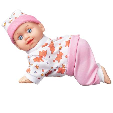 Кукла-пупс со звуком Junfa Ползающий в белой кофте с рисунком и розовых штанишках со звуковыми эффектами 15см
