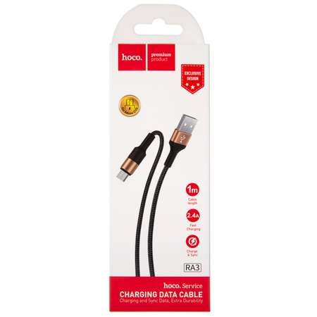 Дата-кабель HOCO RA3 USB-Micro-USB 2.4A нейлон быстрая зарядка черный-золотой
