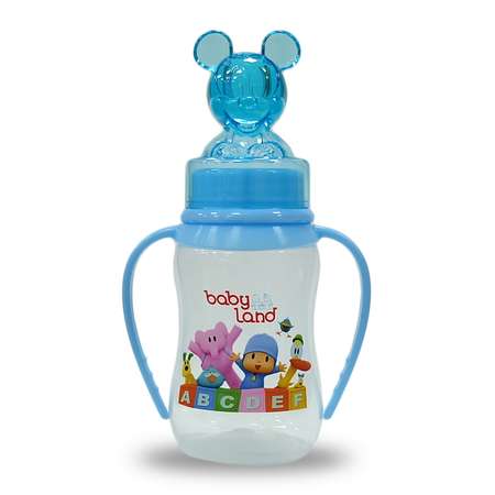 Бутылочка Baby Land с ручками и колпачком-игрушкой 150мл с силиконовой соской Air System голубой