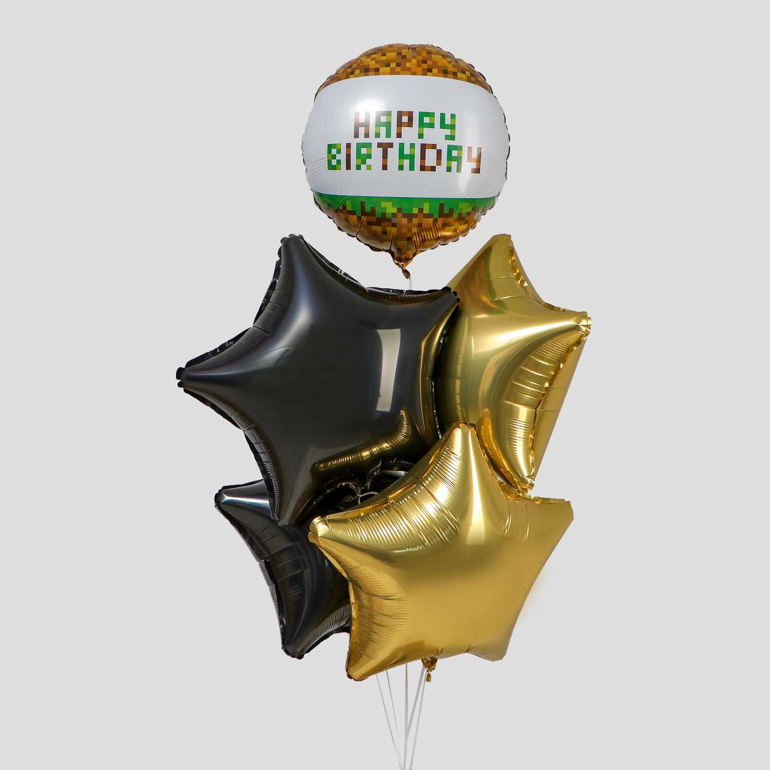 Набор шаров LETI фольгированных С Днем рождения Пиксели 5шт. черный золотой - фото 1