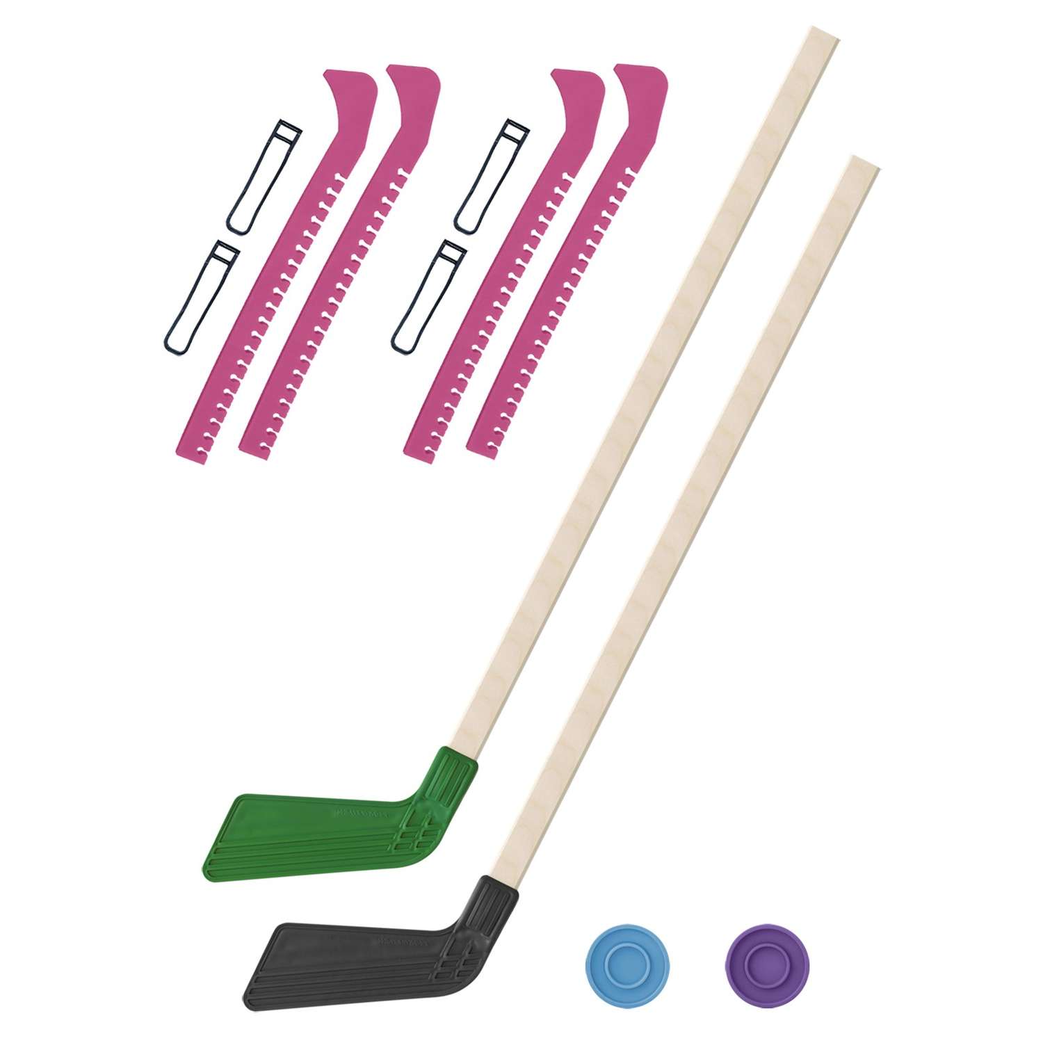 Набор для хоккея Задира Клюшка хоккейная детская 2 шт 80 см + 2 шайбы + Чехлы для коньков розовые 2 шт - фото 1