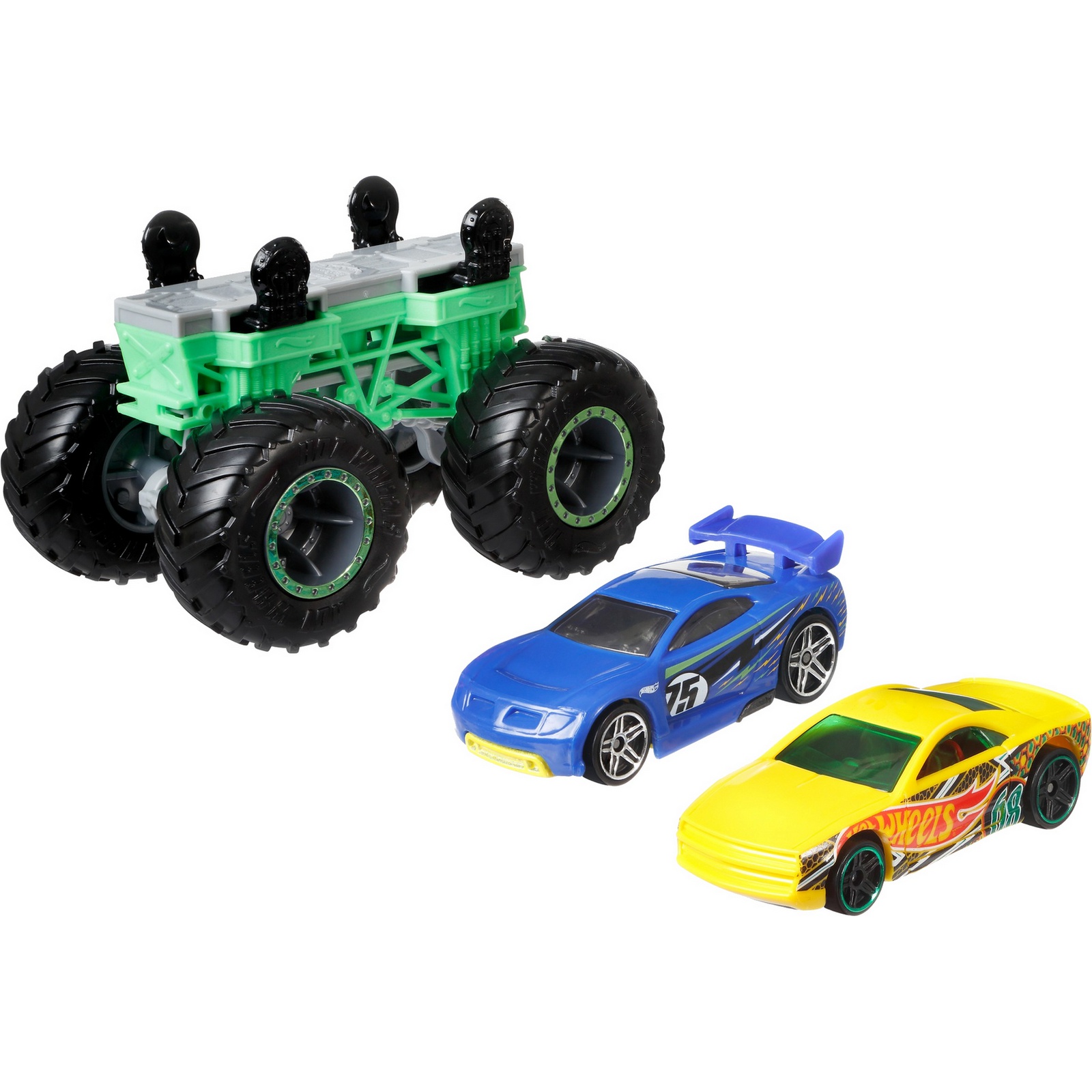 Набор Hot Wheels Monster Trucks Монстр-мейкер с 2 машинками и шасси Зеленый  HGL91 купить по цене 199 ₽ в интернет-магазине Детский мир