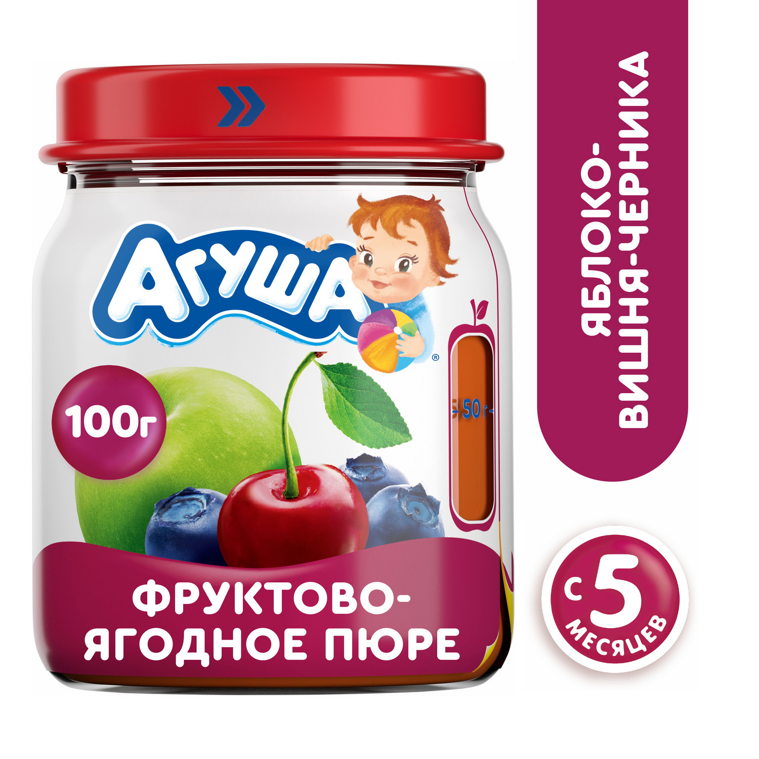 Пюре Агуша яблоко-черника-вишня 100г с 5месяцев купить по цене 49.9 ₽ в  интернет-магазине Детский мир