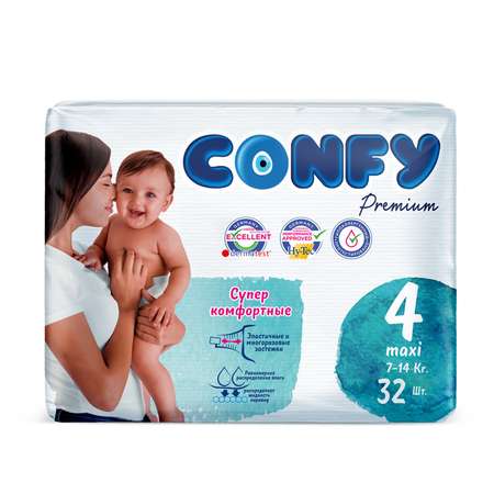 Подгузники детские CONFY Premium Maxi размер 4 7-14 кг 32 шт