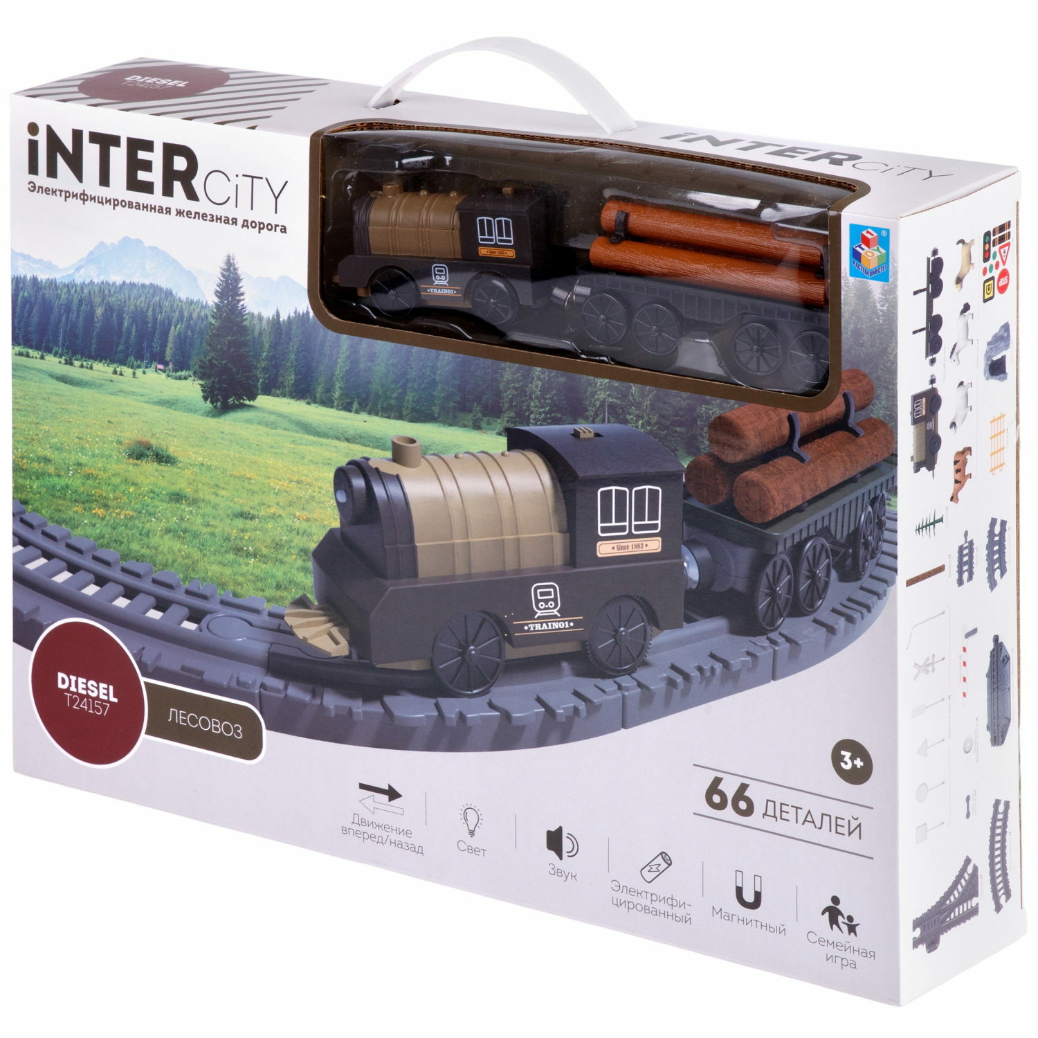 Игровой набор 1TOY InterCity Diesel Железная дорога Лесовоз 66 деталей