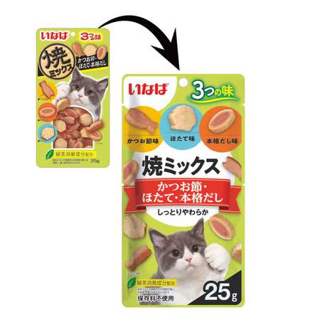 Лакомство для кошек INABA Yaki Miksu 25г кацуобуси морской гребешок и наваристый бульон запеченый