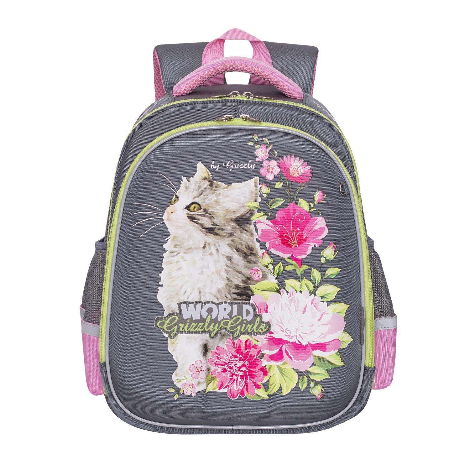 Рюкзак Grizzly для девочки кот в цветах - фото 1